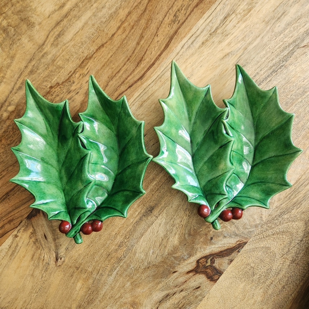 Holly Leaf Divided Holiday Christmas Dish Set of 2